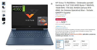 Portátil Gaming HP Victus 15-fb2004ns AMD Ryzen 7 8845HS, 16GB RAM, 1TB SSD, NVIDIA GeForce RTX 4060, Sin Sistema Operativo por 929,99€