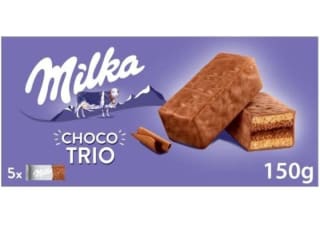 Bizcochos rellenos de cacao y cubiertos de chocolate Choco Trio Milka 150 g. por 1,70€.