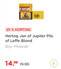 Krat Hertog Jan of Jupiler Pils of Leffe Blond voor €14,99 bij de Plus