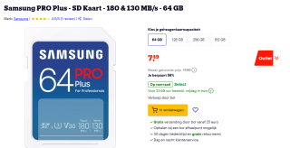 Samsung PRO Plus SD Kaart 64 GB voor €7,49 bij Bol