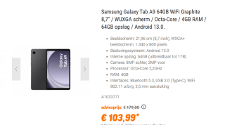 Samsung Galaxy Tab A9 WiFi 64GB voor €103,99 bij NBB.com