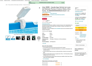 Cascada agua vertical Intex 28089 con Luces led Multicolor para piscinas por 21,20€