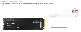 Disco duro SSD 1TB Samsung 980 MZ-V8V1T0BW por 44,99€