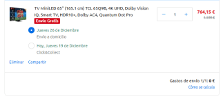 TV MiniLED 65" TCL 65Q9B, 4K UHD, Dolby Vision IQ por 764,15€ y la de 55" pulgadas por 594€