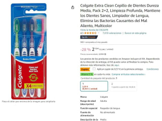 Colgate Extra Clean Cepillo de Dientes Dureza Media, Pack 2+2 por 1,57€