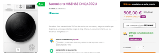 Secadora de 9kg HISENSE DHQA902U por 488€