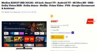 Medion X16537 (MD 30136) - 65 inch- Smart TV - Android TV - 4K Ultra HD voor €499,95 bij Bol.com