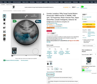 Lavadora Cecotec 10Kg Carga Frontal Bolero DressCode 10800 Inverter A 2000W 1400 rpm 16 Programas por solo 289€