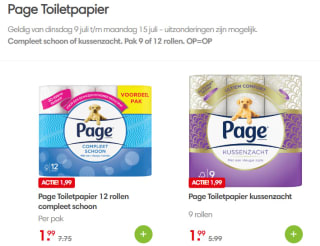 Page Toiletpapier compleet schoon of kussenzacht voor € 1,99 bij de Dekamarkt
