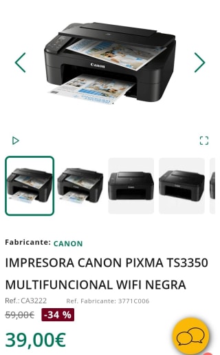Impresora Canon PIXMA TS3350 Inyección de tinta 4800 x 1200 DPI A4 Wifi por 39€.