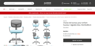 Chaise de bureau à roulettes pour enfant - Réglable, à 94,99€