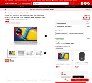 ASUS Vivobook Go 15 OLED E1504FA-L1998W 15.6" Full HD AMD Ryzen 5 7520U 16GB RAM 512GB SSD Radeon 610M Windows 11 Home por 492,15€