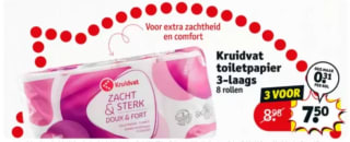 Kruidvat WC-papier 3-laags 3 pakken voor €7,50