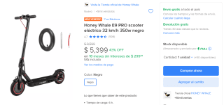 Scooter Eléctrico Honey Whale E9 PRO por $5,399 en Mercado Libre