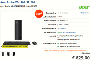 Acer Aspire XC-1760 i5-12400 Desktop Intel Core i5 16 GB - 1 TB voor €629 bij Informatique