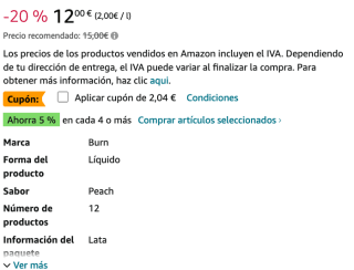 Bebida Energética Burn Energy Zero Peach Lata 500ml Pack de 12 por 9,96€