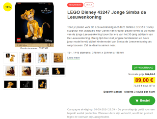 LEGO Disney Jonge Simba de Leeuwenkoning (43247) voor €89 bij Proshop