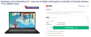 MSI Modern 15 H C13M-207NL Laptop voor €699 bij Azerty