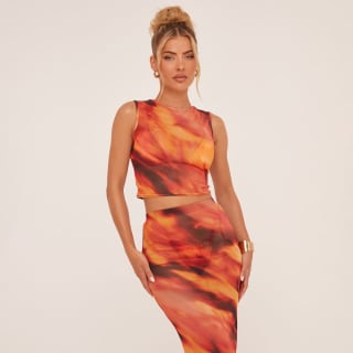 Sleeveless Cropped Beach Top in Orange Abstract Print - £2
