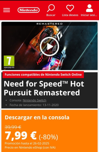 Need for Speed Hot Pursuit Remastered Nintendo Switch por 7,99€.