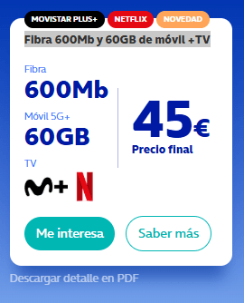 Nueva tarifa O2 Fibra 600Mb + 60GB móvil + Netflix + Movistar+ por 45€