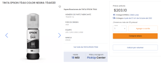 Tintas Epson T544 a $203 en Pedidos.com