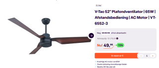 V-TAC VT-6552-3 Plafondventilator - AC - Motor - Brons - 65 Watt voor €49,95 bij Ibood