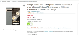 Google pixel 7 Pro 128GB por 726.27€