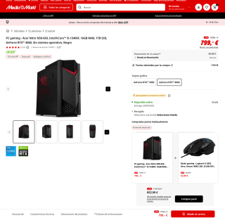 Acer Nitro N50-650 IntelCore i5-13400F 16GB RAM 1TB SSD GeForce RTX 4060 FDOS por solo 679,15€