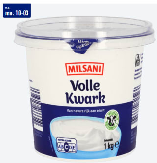 1 KG MILSANI Volle kwark voor €2,19 bij de Aldi.
