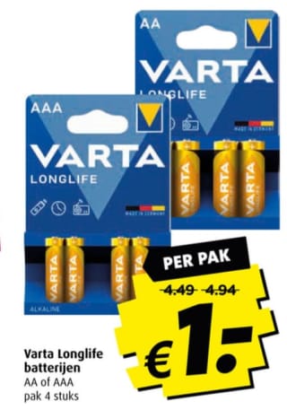 Varta AA of AAA batterijen voor €1 bij Boni