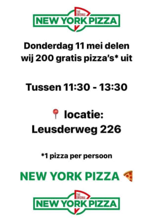 Gratis pizza op donderdag 11 mei bij New York Pizza in Amersfoort