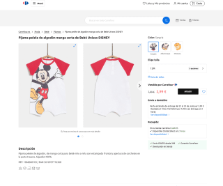 Pijama pelele de algodón manga corta de Bebé Unisex DISNEY por 2,99€