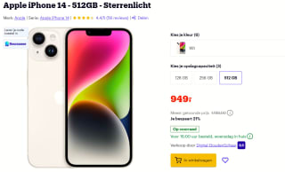 Apple iPhone 14, 512GB opslag Wit voor €949 bij Bol.com