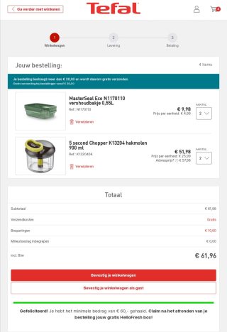 Gratis HelloFresh boxbij €60 aan Tefal producten bij Tefal