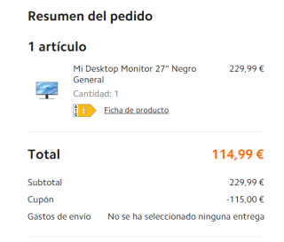 Monitor Xiaomi Mi Desktop 27 pulgadas, 6 ms, 75 Hz por 114,99€