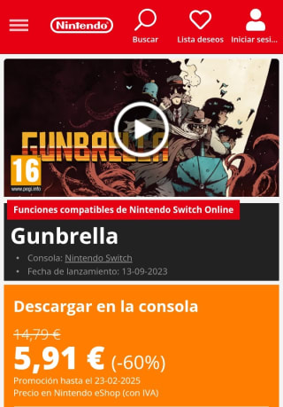 Gunbrella Nintendo Switch por 5,91€.