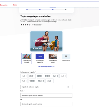 Tarjeta 10€ Gratis por compra de tarjeta regalo de 60€ en Decathlon