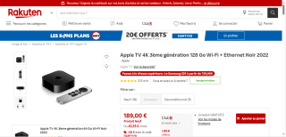 Apple tv 4k 128go ethernet et wifi à 189€
