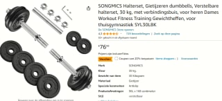 SONGMICS 30kg gietijzeren verstelbare halterset voor €61,59 bij Amazon