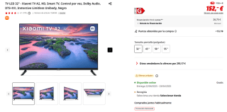 TV LED 32" Xiaomi TV A2, HD, Smart TV, Control por voz, Dolby Audio por 152€