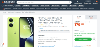 OnePlus Nord CE 3 Lite 5G CPH2465 8Go Ram 128Go à 179,99€