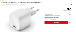 Belkin USB-C Oplader 30W - GaN Snellader - voor €14,99 bij de Mediamarkt