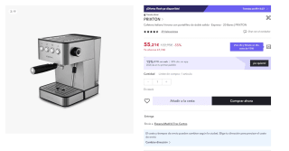 Cafetera Italiana Verona con portafiltro de doble salida , Expreso - 20 Bares marca Prixton por 40,20€