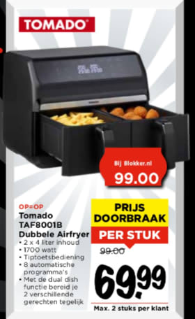 Tomado TAF8001B Dubbele airfryer voor €69,99 bij Vomar