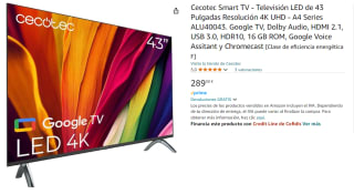 Televisión LED de 43" con resolución 4K UHD A4 series ALU40043S, sistema operativo Google TV, Dolby Audio, HDMI 2.1, USB 3.0, HDR10, 16 Gb ROM, Google Voice Assitant y Chromecast. por 289€