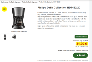 Philips Daily HD7462/20 - Koffiezetapparaat - voor €31,90 bij Proshop