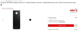 PC gaming HP OMEN GT15-0009ns, Intel® Core™ i5-12400F, 16GB RAM, 512 GB SSD + 1TB HDD, NVIDIA® GeForce RTX™ 3060, FreeDos por 609.01€