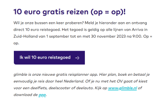 Ontvang 10 euro reistegoed bij aanmelden via de app bij Arriva