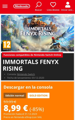 Inmortals Fenyx Rising Nintendo Switch por 8,99€.